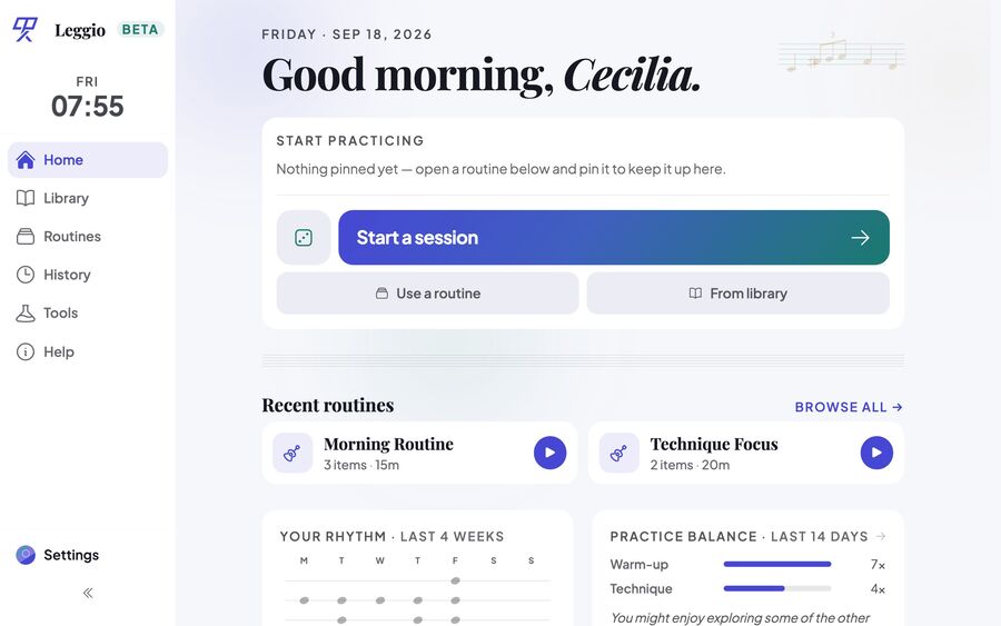 Leggio's home screen on desktop