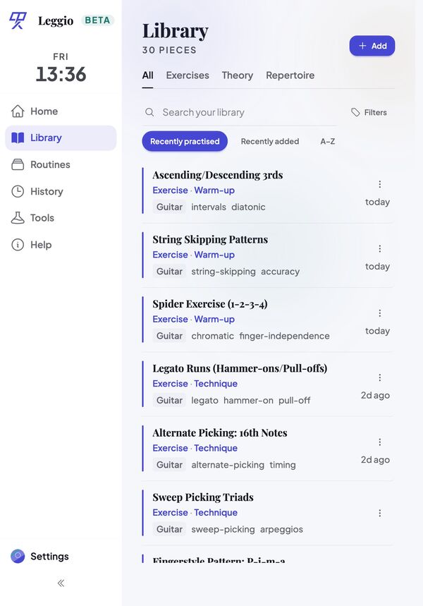 Library screen, listing exercises, theory, and repertoire