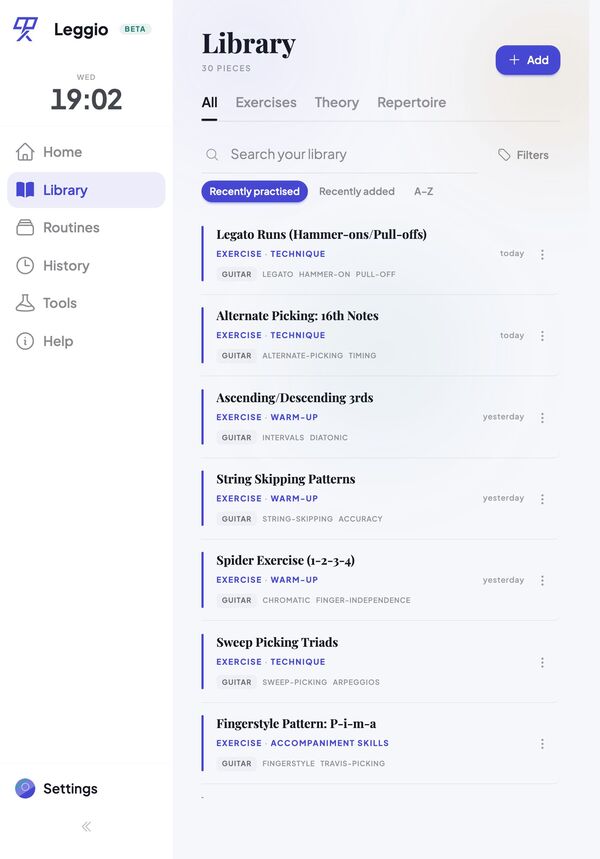 Library screen, listing exercises, theory, and repertoire