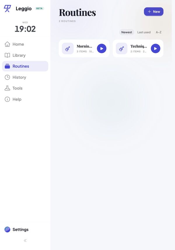 Routines screen, listing saved practice routines