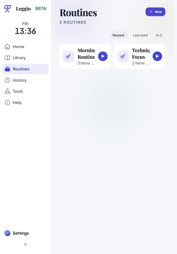 Routines screen, listing saved practice routines