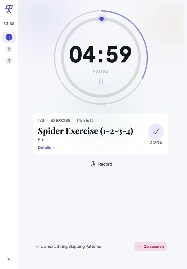 An active practice session in Leggio, with a running timer and the next exercise queued