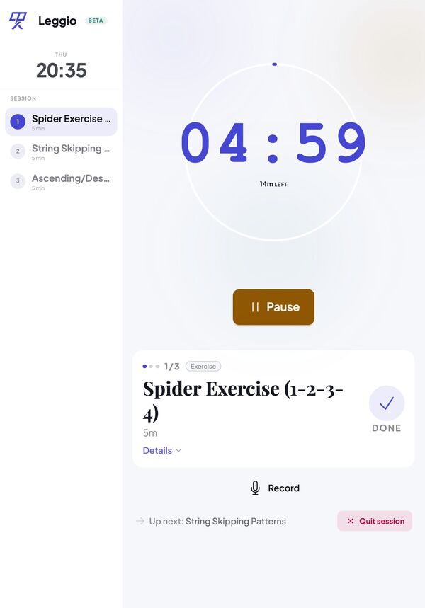 Une séance de pratique active dans Leggio, avec un minuteur en marche et l'exercice suivant en file d'attente