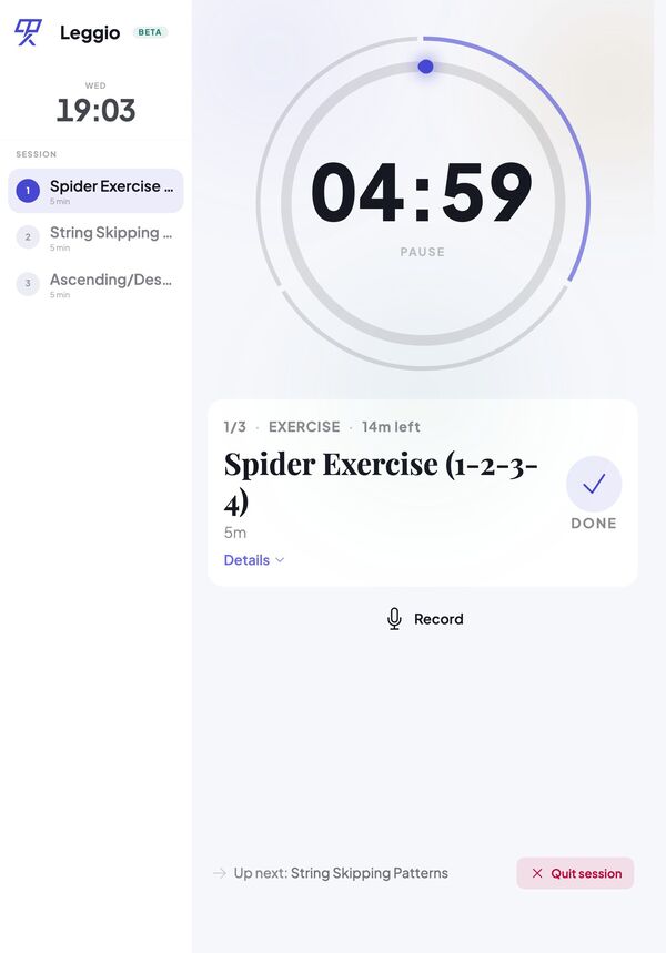 An active practice session in Leggio, with a running timer and the next exercise queued